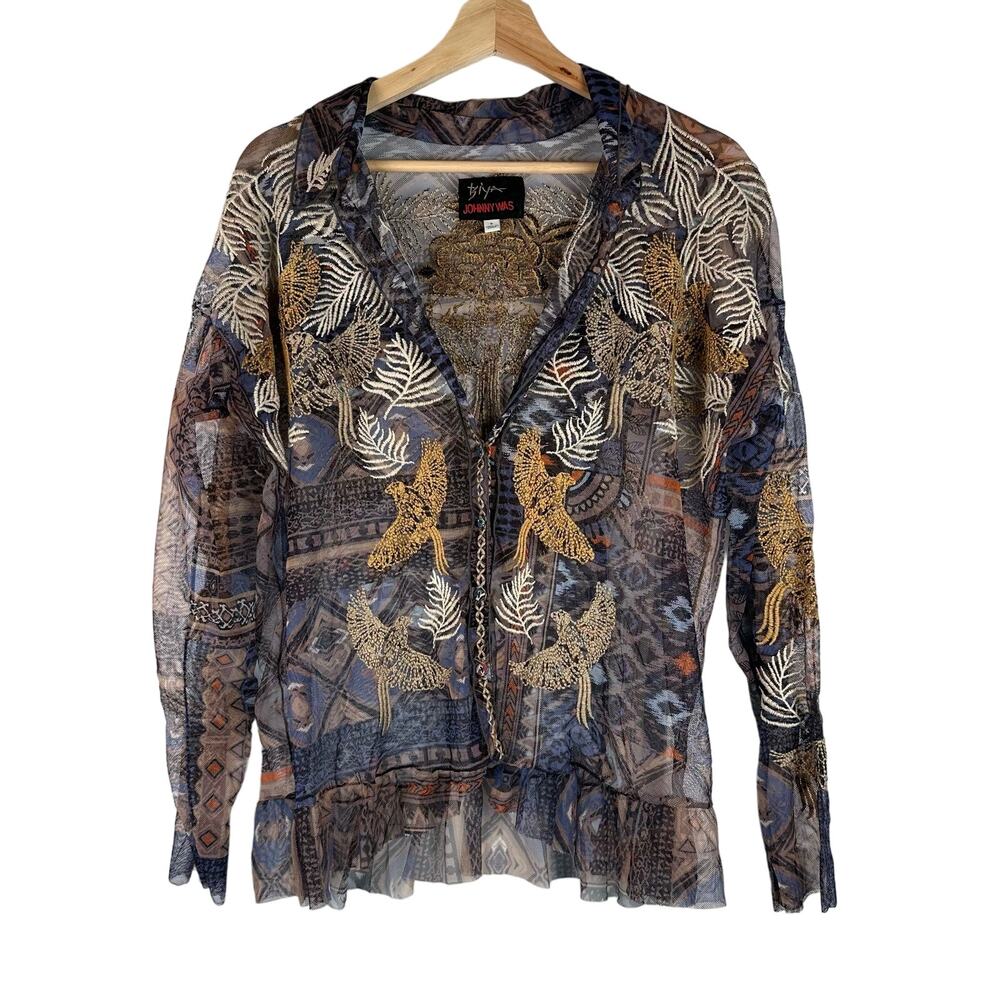 Johnny Was Noemie Sheer Long Sleeve Button-Down Blouse Size S Artsy Eccentric
